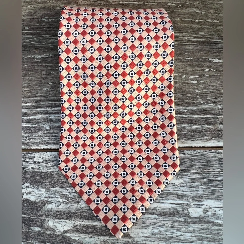 Tommy Hilfiger necktie vintage men’s tie peach blue squares‎ pattern print silk